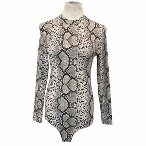 Popular 21 Gray & Black Snakeskin Print Long Sleeve High Neck Bodysuit - Small